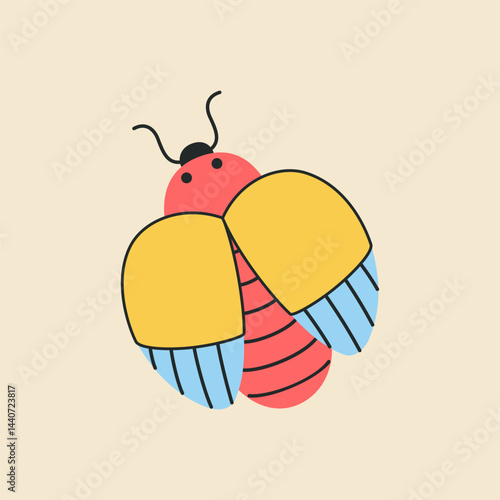 Cute colorful insect with yellow, blue wings and red body. Beetle, firefly, ladybug, cicada or leaf insect bug for kids and education. Vector illustration in flat cartoon style, isolated background