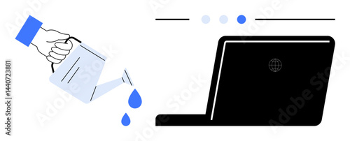 Hand holding watering can pouring drops near laptop, symbolizing nurturing growth, technology, innovation. Ideal for growth strategies, digital transformation, entrepreneurship, technology, startups