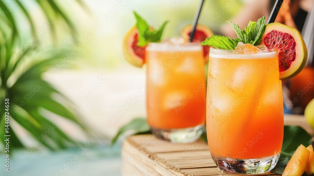 Fototapeta premium Hangout Area Concept, Refreshing Tropical Beach Bar Scene with Fresh Fruit Drinks and Happy People Enjoying a Sunny Day