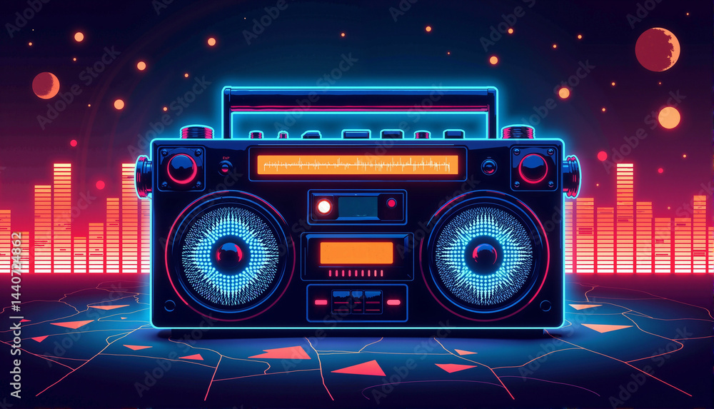 Obraz premium Pixel art style retro boombox with equalizer graphics, glowing elements