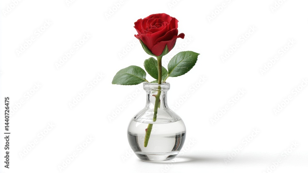 Fototapeta premium a beautiful glass vase with a single red rose on a white isolated background, elegant and romantic design