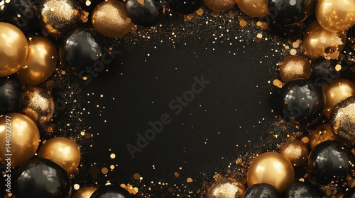 Gold and black balloons frame with glitter on black background.