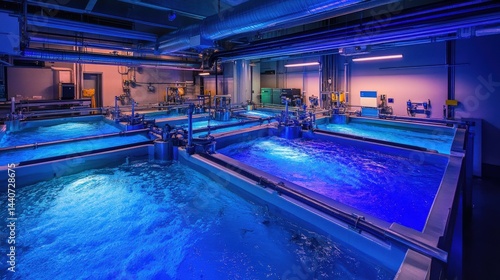 Vibrant Aquatic Research Facility with Illuminated Tanks and Modern Equipment in Background