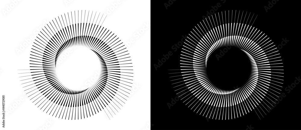 Spiral with lines in circle. 3 segments. Abstract geometric art line background, logo, icon, design element. A black figure on a white background and an equally white figure on the black side.
