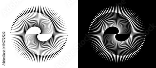 Spiral with lines as dynamic abstract vector background or logo or icon. Yin and Yang symbol. Black spiral on white background and white spiral on black background.