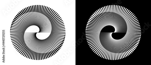 Spiral with lines as dynamic abstract vector background or logo or icon. Yin and Yang symbol. Black spiral on white background and white spiral on black background.