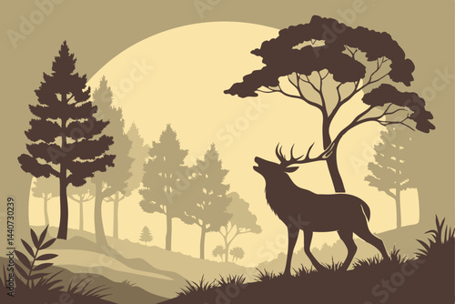 17 Majestic stag silhouette, giant full moon, misty forest, twilight atmosphere, tall pine trees, golden light, ethereal landscape, mystical wildlife scene, serene nature, dramatic lighting, foggy mea
