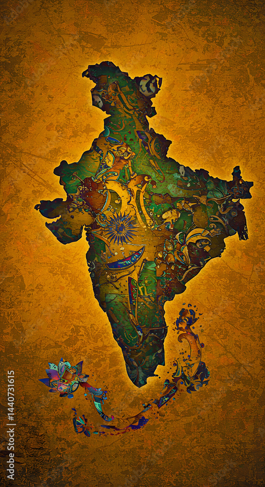 Naklejka premium An artistic map of India, showcasing a vibrant blend of patterns against a warm golden background.