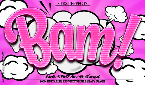 Bam! Vector Text Effect Editable Alphabet Cartoon Comic  Pink Clouds