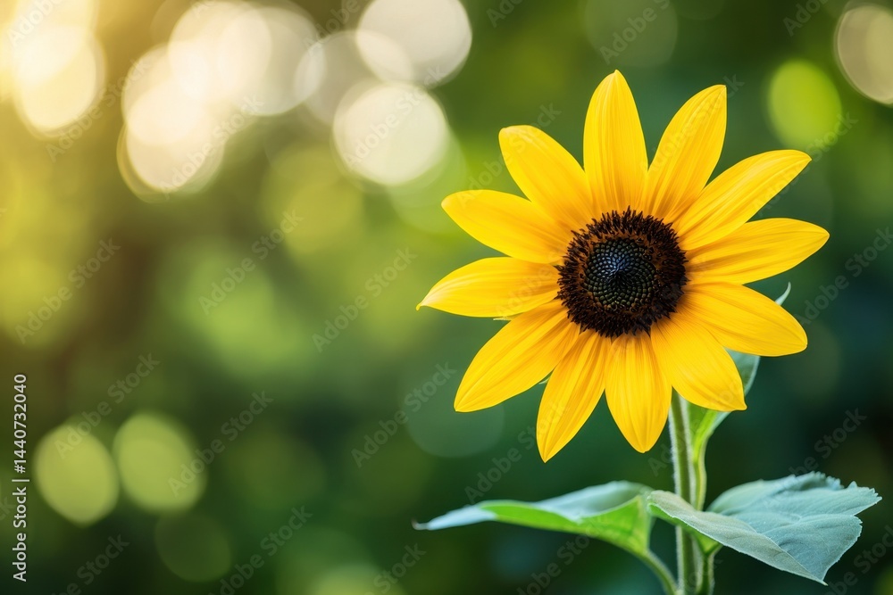 Obraz premium Bright yellow sunflower stands out in a soft green background during a sunny day outdoors, Bright yellow sunflower in blurred green background
