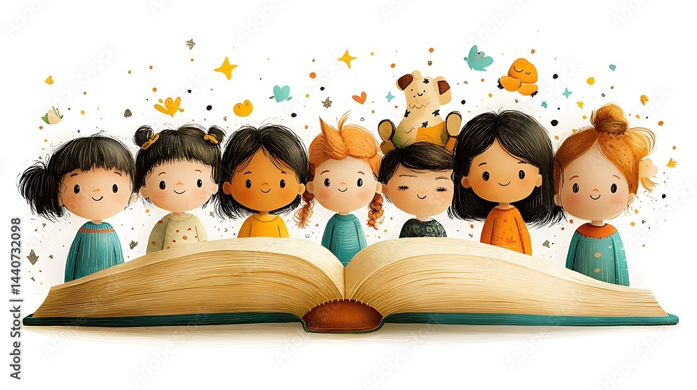 Group of children positioned around an open book. Group of children positioned around an open book.