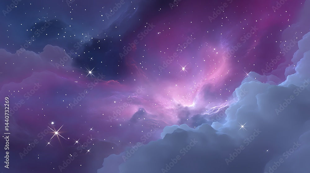 Fototapeta premium Cosmic nebula swirls with clouds, stars twinkling in vibrant purples, blues, and whites