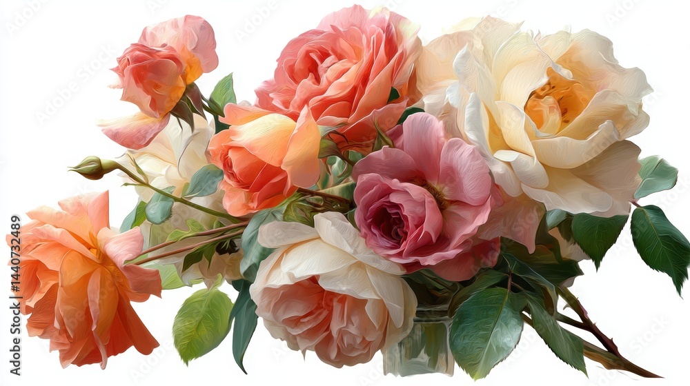 a beautiful pastel-colored bouquet of roses on a white isolated background, romantic and elegant design a beautiful pastel-colored bouquet of roses on a white isolated background, romantic and elegant design