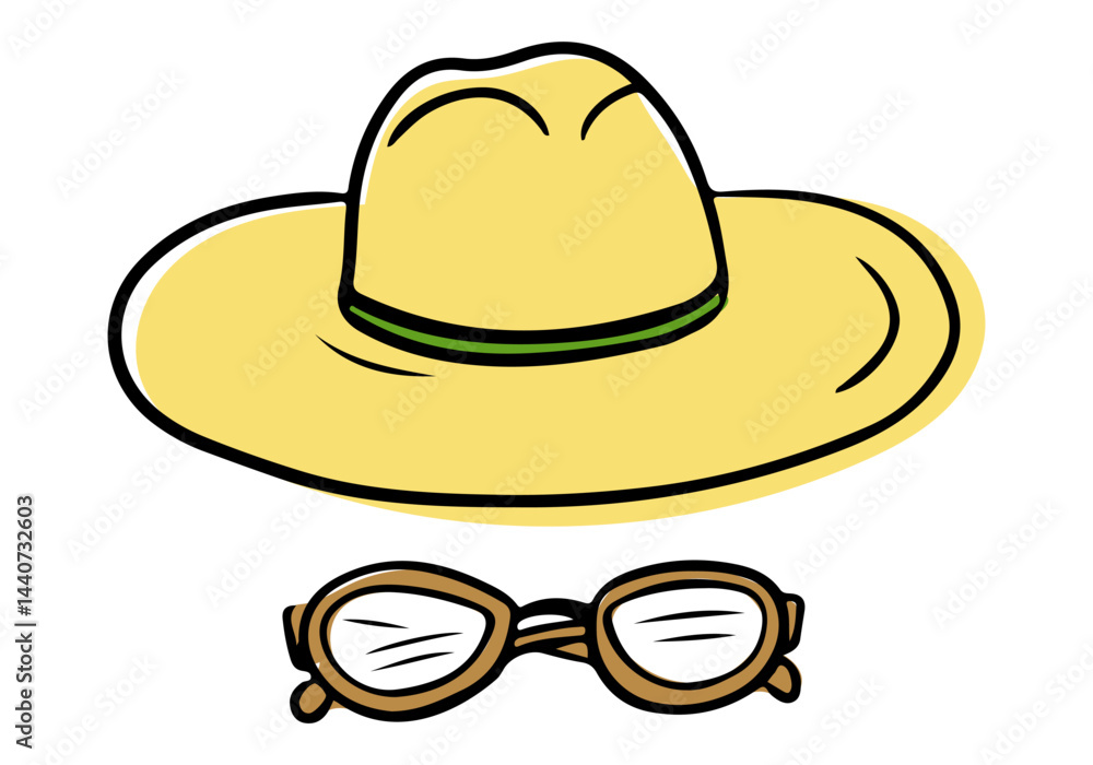 Yellow garden hat with a green band and round eyeglasses isolated on white background. Simple hand drawn vector perfect for gardening themes, outdoor lifestyle and casual fashion designs Yellow garden hat with a green band and round eyeglasses isolated on white background. Simple hand drawn vector perfect for gardening themes, outdoor lifestyle and casual fashion designs