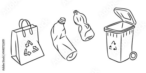 Recycling doodles with eco bag, plastic bottles and trash bin outlined on white background. Eco friendly hand drawn vector for sustainability projects, waste management and green lifestyle promotion