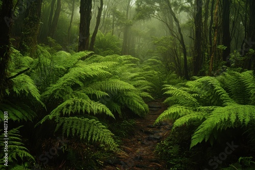 Lush fern trees in the rainforest during rain in Tasmania, Australia, Fern trees in jungle under rain Tasmania Australia nature