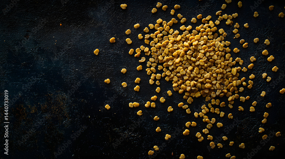 A vivid shot of whole fenugreek seeds scattered across a dark surface, their soft yellow hues and natural irregular shapes forming an organic pattern. A vivid shot of whole fenugreek seeds scattered across a dark surface, their soft yellow hues and natural irregular shapes forming an organic pattern.