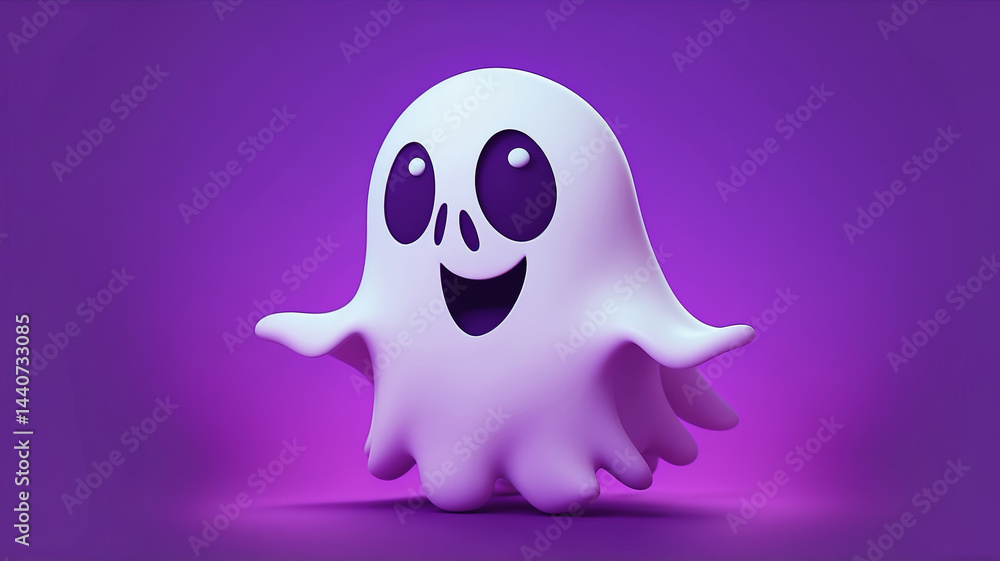 A cheerful white ghost character floats against a vivid gradient purple backdrop, smiling. A cheerful white ghost character floats against a vivid gradient purple backdrop, smiling.
