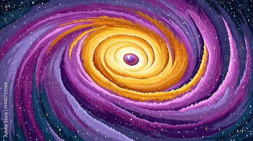 Vibrant illustration of a spiraling galaxy with purple, orange and yellow hues. Celestial art