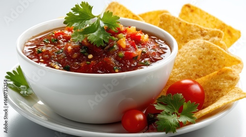 a bowl of spicy salsa with tortilla chips on a white isolated background, savory and fresh design