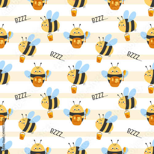 Cute seamless pattern with cute cartoon honey bee, buzzing text on striped background. Cute design for print, banner, card, fabric, cover, wrapping paper, wallpaper. Flat vector illustration