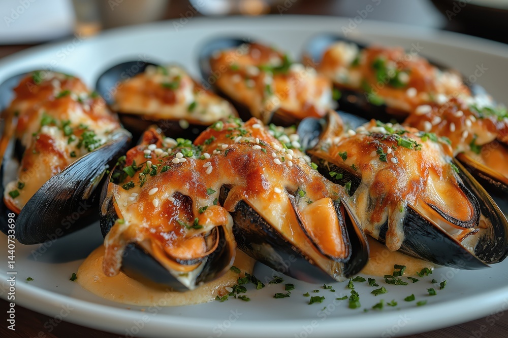 Baked Mussels Drizzled with Unagi Sauce and Melted Cheese on Sleek Plate Baked Mussels Drizzled with Unagi Sauce and Melted Cheese on Sleek Plate