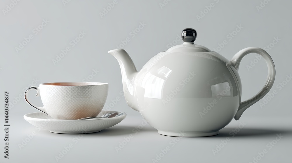a modern white ceramic teapot with a lid and a teacup on a white isolated background, elegant and serene design a modern white ceramic teapot with a lid and a teacup on a white isolated background, elegant and serene design