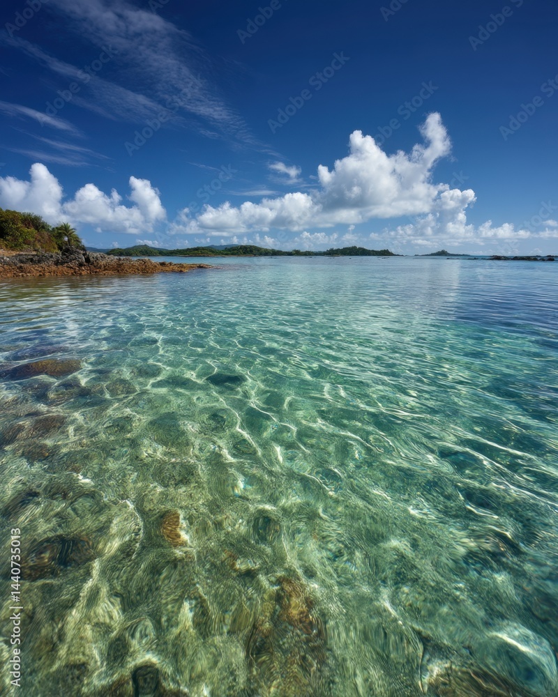 Fototapeta premium Tranquil turquoise ocean water reflecting the blue sky with fluffy clouds and distant island landscape creating a serene and inviting tropical paradise scene