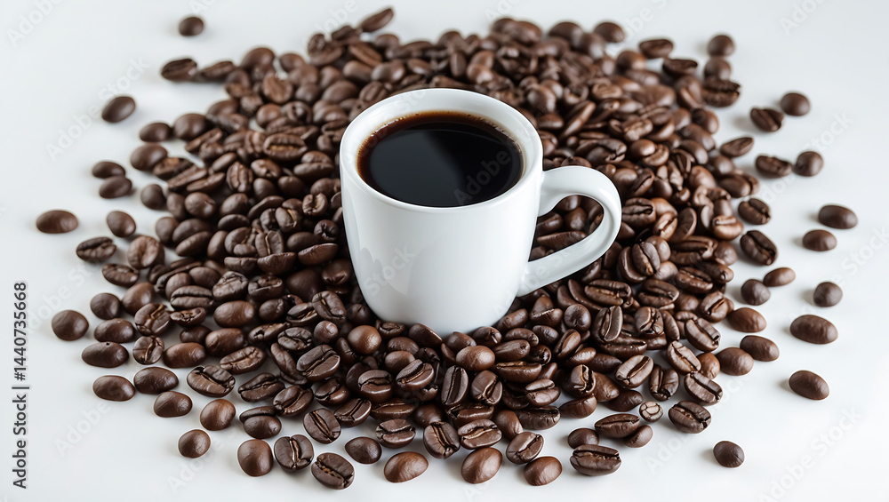 Fototapeta premium Coffee cup surrounded by scattered coffee beans