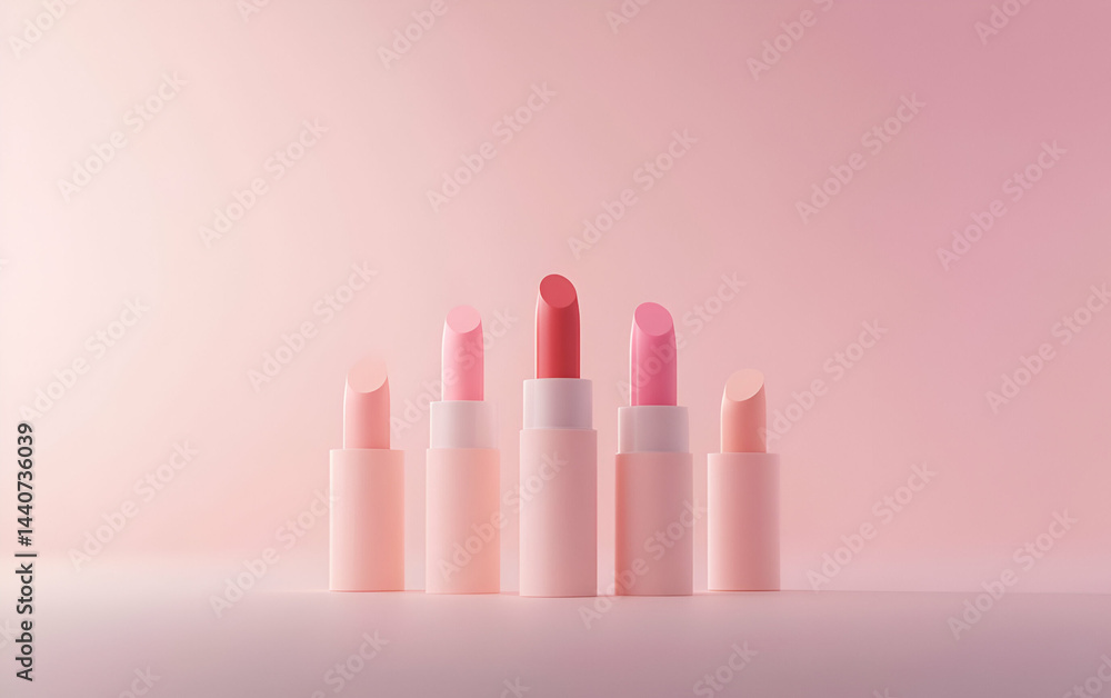 A stylish arrangement of five different shades of pink lipstick against a soft pink background. A stylish arrangement of five different shades of pink lipstick against a soft pink background.