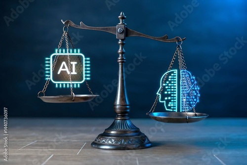 Antique Balance Scale Featuring Glowing AI Circuitry Symbol & Pixelated Human Head