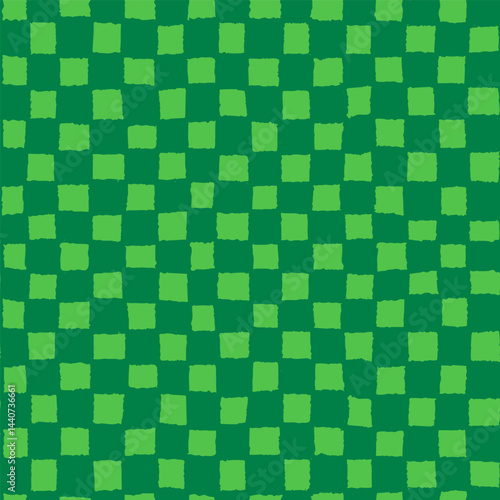 Playful green checker pattern with hand drawn grid, vector seamless background with light green squares on dark green texture in abstract checkerboard style. To use, drag to swatch panel