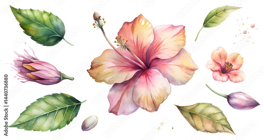 custom made wallpaper toronto digitalElegant watercolor floral composition with hibiscus, buds, leaves soft pastel tones, wedding invitations, greeting cards, wall art, packaging design, digital scrapbooking, fashion prints, stationery