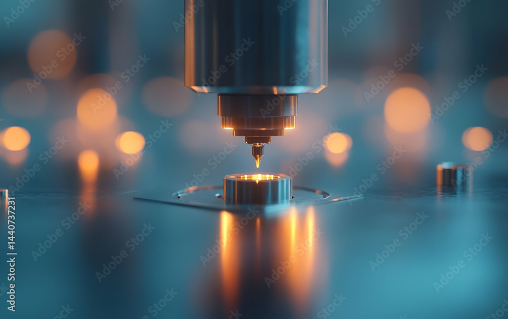 Close-up of a laser cutting machine precision crafting a metal component in a high-tech industrial setting. Close-up of a laser cutting machine precision crafting a metal component in a high-tech industrial setting.