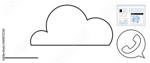 Cloud with a data dashboard and phone in a speech bubble, representing cloud storage, communication, and data analytics. Ideal for technology, networking, business, data sharing, communication cloud