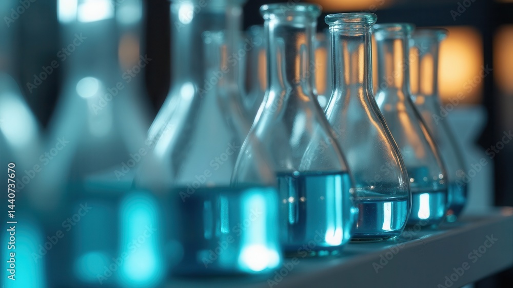 Row of glass vials with blue liquid in them. The vials are lined up on a shelf
