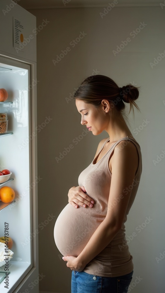 Pregnant beautiful woman standing in front of a refrigerator with a bunch of fruit in it. She is looking at the fruit