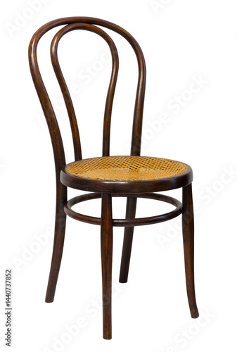This bentwood chair showcases a sleek design with a woven cane seat, ideal for modern dining rooms or cozy cafes. Its sturdy structure offers both aesthetic appeal and comfort.