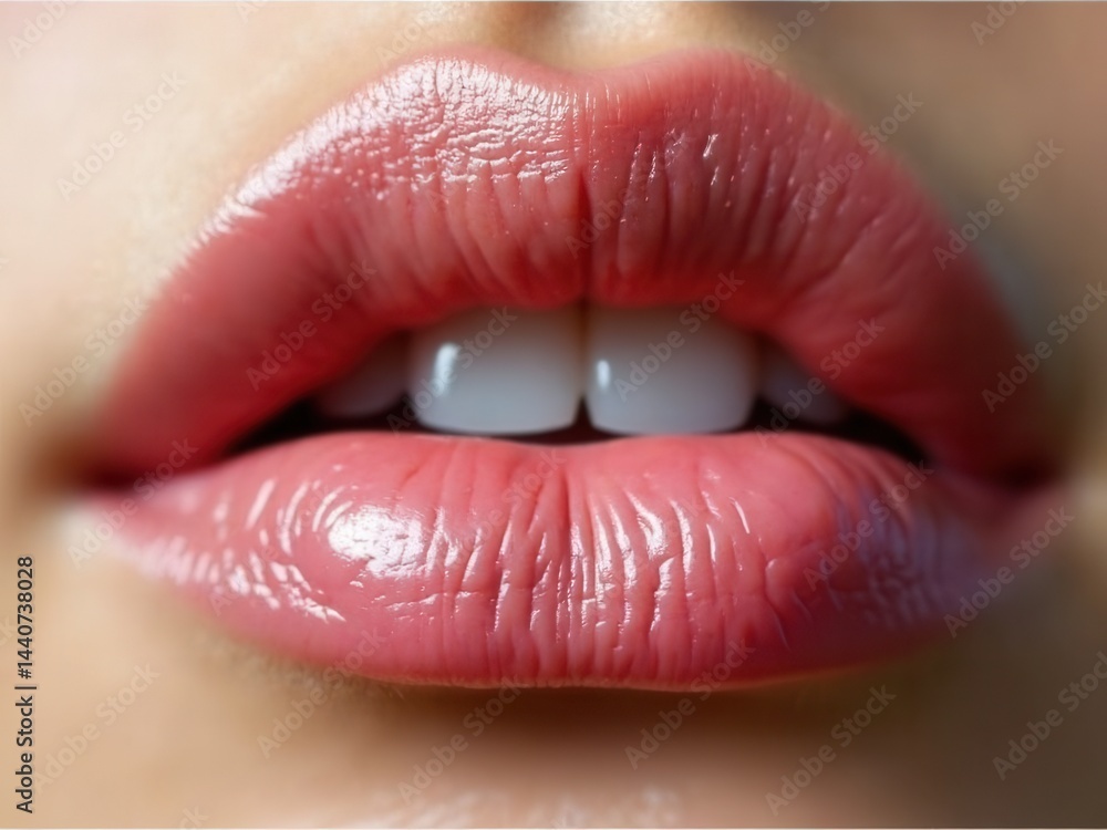 Woman's lips are painted red and she is smiling. Concept of confidence and beauty