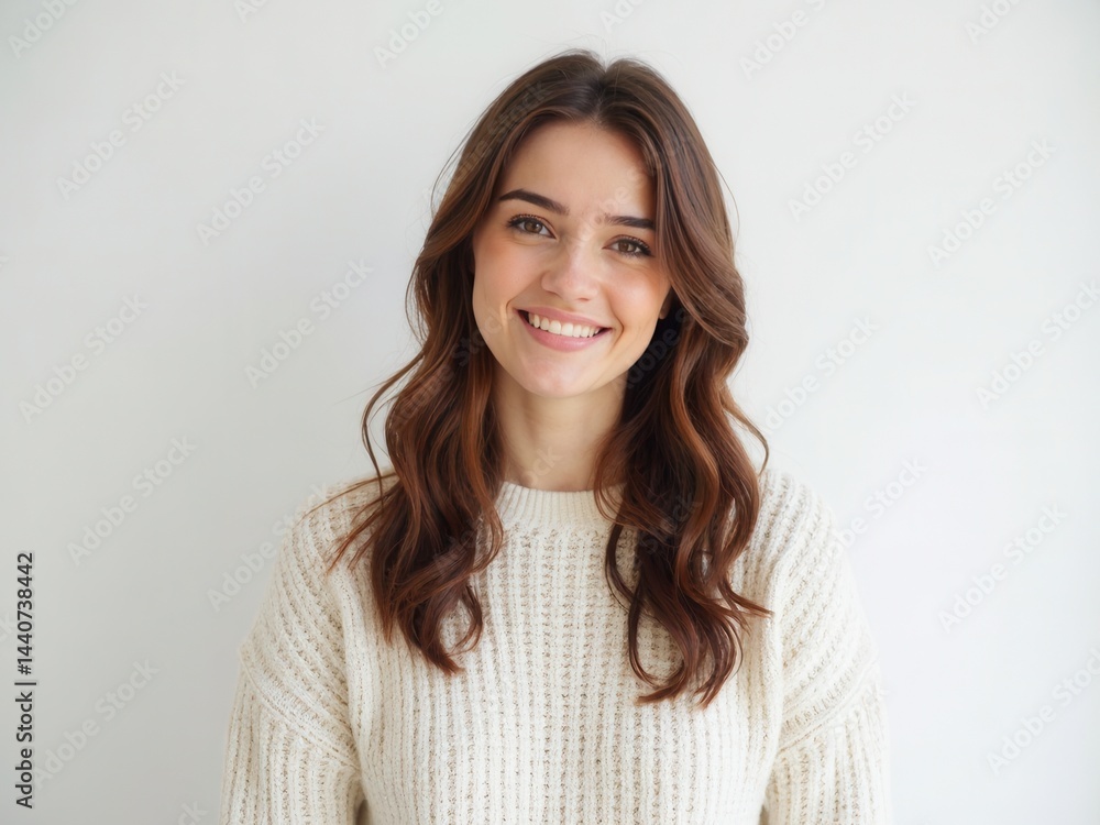 beautiful woman with long brown hair is smiling and wearing a white sweater. She looks happy and content