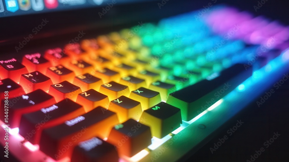 Rainbow keyboard with a rainbow glow. The keyboard is lit up and has a rainbow color scheme