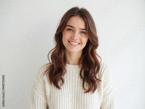 Obraz na płótnie beautiful woman with long brown hair is smiling and wearing a white sweater. She looks happy and content w salonie