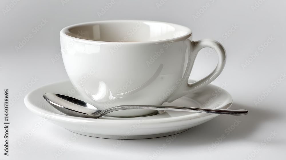 a simple white coffee cup with a saucer and a spoon on a white isolated background, minimalist and elegant design a simple white coffee cup with a saucer and a spoon on a white isolated background, minimalist and elegant design