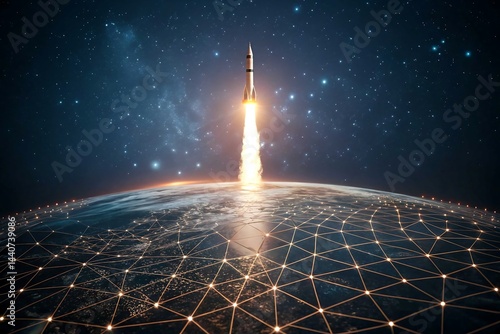 Rocket Launching From Earth Overlayed with Network in Space with Starry Sky