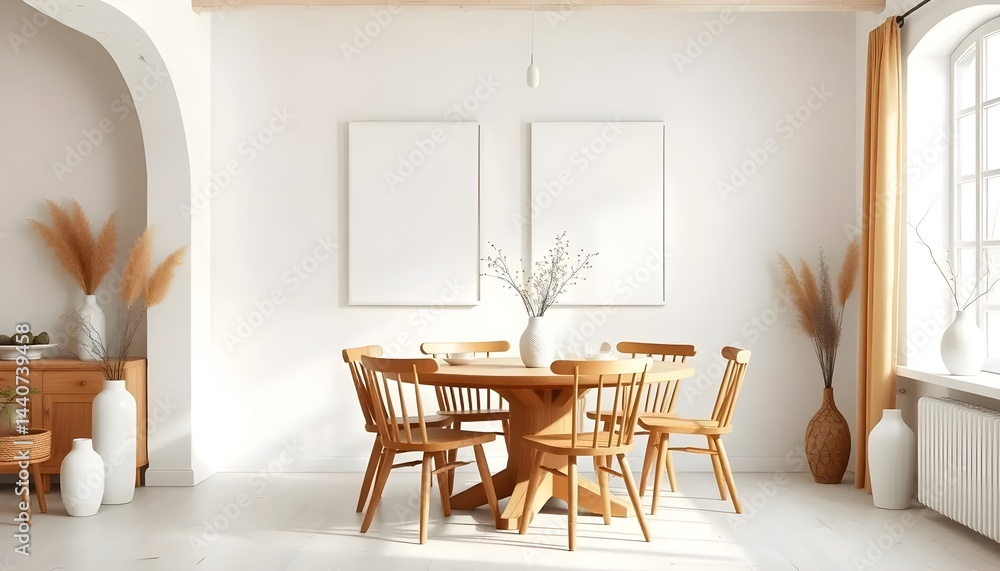 Fototapeta premium Cozy dining room setup with wooden furniture bright interior photography minimalist style warm atmosphere