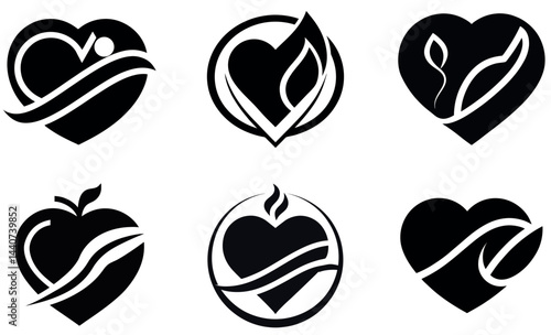 black and white heart-shaped icons with various symbols