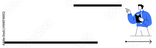 Person in blue attire holding clipboard, pointing towards direction, alongside horizontal lines and an arrow. Ideal for business, growth, planning, leadership, progress, education success themes