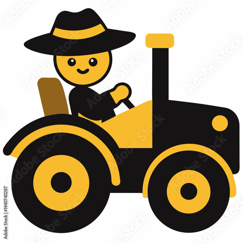 A yellow tractor, heavy farm equipment, and a cartoon farm worker illustrate the agricultural industry