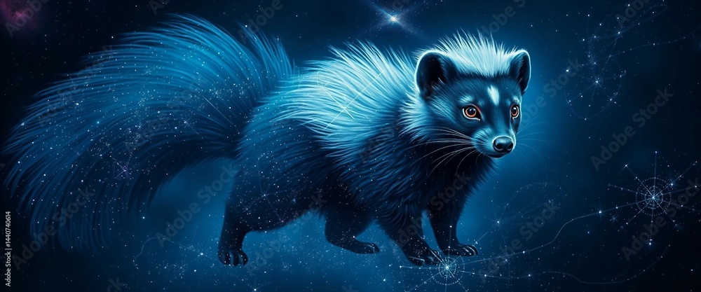 Fototapeta premium stinktier in dunklen Blau- und Violetttönen schimmert, kunstvoll gestaltet aus Sternen, Galaxien und kosmischem Staub, magischer Nachthimmel im Hintergrund.