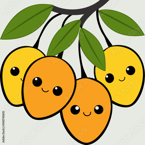 A cute yellow cartoon fruit illustration shows a happy smiling face on a ripe apricot with leaves in a vector design